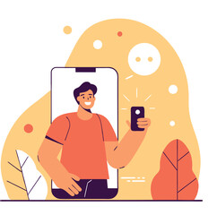 Poster - A young man of unspecified ethnicity holds a smartphone in front of him, capturing a selfie with a playful background of abstract shapes and foliage.