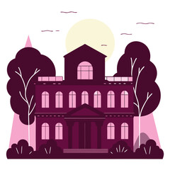 Poster - A stylized illustration of a house surrounded by trees in a serene setting. The design features a minimalistic, flat style with muted colors.