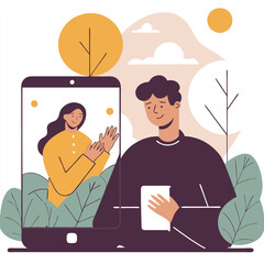 Poster - A european young man interacts via a smartphone with a smiling woman. The image features a modern, flat design with nature elements and calm colors.