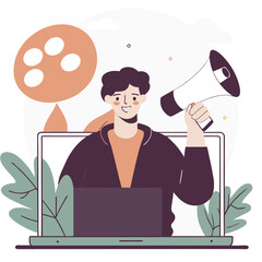 Poster - A person of African descent holds a loudspeaker in front of a laptop, surrounded by plants and creative elements, suggesting communication and engagement.