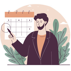 Poster - A European man in a lab coat points at a calendar, surrounded by leaves and a night sky with stars, in a cartoon style.