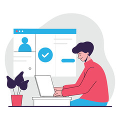 Poster - This image showcases a young European man focused on his laptop. He is surrounded by plants and user interface elements.
