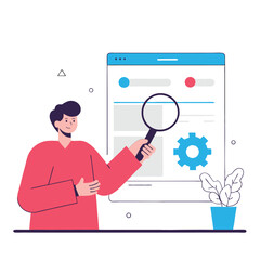 Poster - A stylized illustration showing a European man using a magnifying glass to examine data on a screen. The background has digital elements and plant decor.
