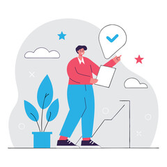 Poster - A Caucasian businessman standing confidently with a document, gesturing towards a checkmark while surrounded by decorative plants in a modern setting.