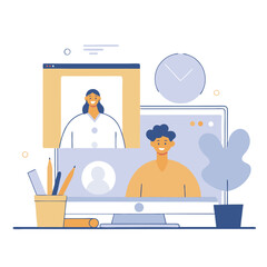 Poster - A digital illustration of a virtual meeting featuring two women and a man, with some elements symbolizing teamwork and diversity in a flat design.