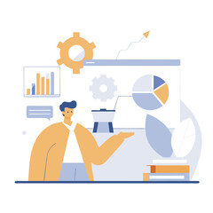 Poster - A cartoon illustration showing a businessman analyzing data with various charts and graphs. The style is flat and 2d, suitable for explaining concepts visually.
