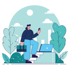 Poster - A european individual engaged in remote work, sitting with a laptop amidst decorative plants and a stylized background, symbolizing modern lifestyles.