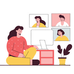 Poster - A diverse group of women participates in virtual meetings from home, showcasing remote work and collaboration in a modern setting.