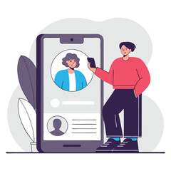 Poster - A vivid illustration depicting diverse individuals, including a European woman and an African man, interacting with mobile technology in a modern setting.