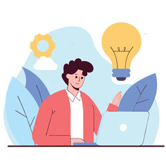 Poster - An illustration of an innovative African American man in a casual setting, engaged in creative work with leaves and light bulbs around him.