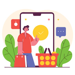 Poster - A stylish European man is interacting with a smartphone. He is surrounded by shopping bags and various colorful shapes, representing a modern shopping experience.