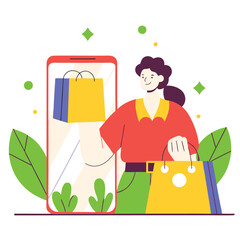 Poster - A digital illustration of a woman, possibly Hispanic, shopping through a smartphone, showcasing modern e-commerce trends.