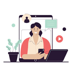 Poster - a woman of european descent is using a smartphone while sitting at a desk with a laptop and plants, 