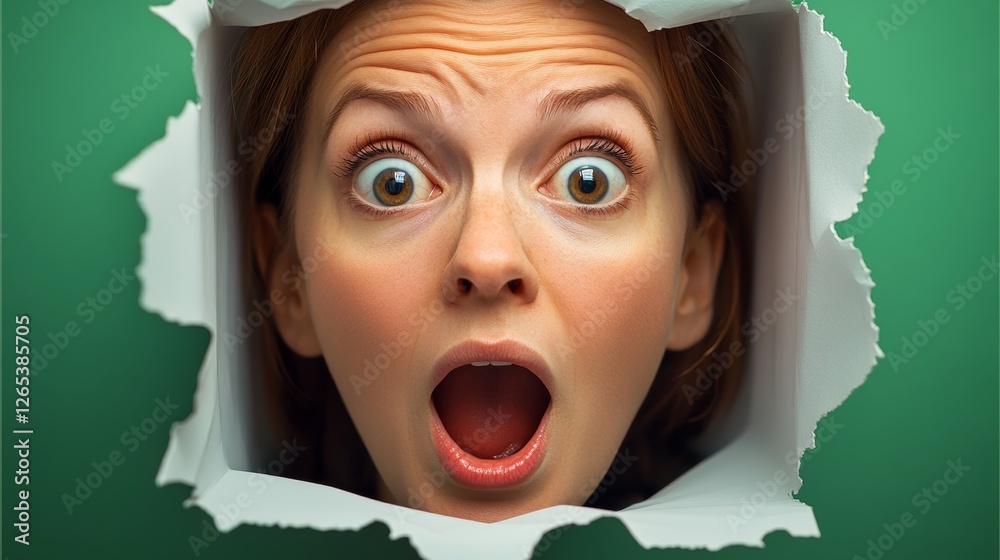 Woman's face is shown through a hole in a piece of paper. The woman's ...