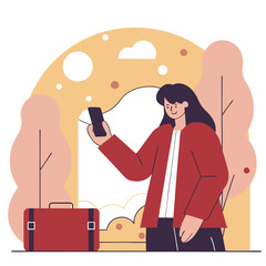 Poster - A european woman stands in an urban park holding a smartphone. She is dressed casually with trees and a night sky in the background.