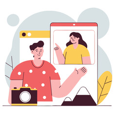Poster - A cheerful asian couple is video chatting on their smartphones while displaying playful expressions, showcasing modern technology and connection.