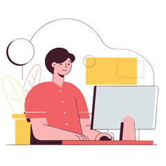 Poster - A flat cartoon illustration of a smiling young man working on a computer at home, surrounded by plants and colorful abstract shapes. The man has a European appearance.
