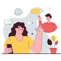 Poster - A vector illustration showing diverse characters interacting through digital devices, with engaging expressions and styles, set against a vibrant background.