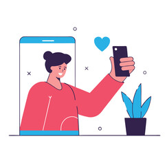 Poster - A young European woman is taking a selfie with a smartphone, standing behind a plant, showcasing modern lifestyle in a digital age.