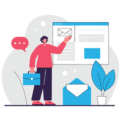 Poster - A businessman with white skin interacts with email on a screen, holding a briefcase, surrounded by plants in a modern vector style.