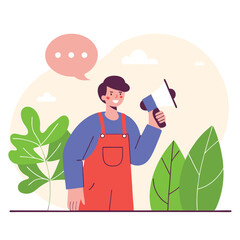 Poster - A young European person with light hair, wearing overalls, holds a megaphone surrounded by colorful plants and speech bubbles.