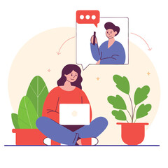 Poster - A young woman of unspecified ethnicity is working on her laptop while sitting on the floor surrounded by colorful plants. It represents remote work and technology.