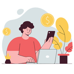 Poster - A cheerful young European man sits at a desk with a laptop, holding a phone. He smiles while surrounded by potted plants and dollar signs.