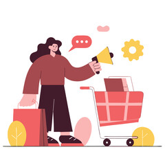 Poster - This illustration features a character with curly hair holding a megaphone next to a shopping cart filled with boxes. The style is modern and colorful.