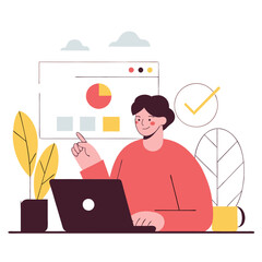 Poster - A professional looking european man working on a laptop, surrounded by colorful plants and charts, in a sleek 2D style.
