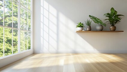 Poster - Bright and airy interior with plants on a shelf and sunlight streaming in