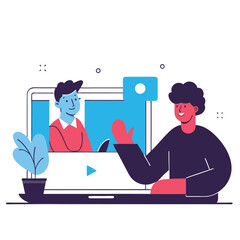 Poster - An engaging cartoon illustration showing two diverse individuals in a video call. The scene highlights a friendly exchange with plants nearby.