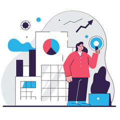 Poster - A colorful flat illustration depicting a diverse group of professionals analyzing business data with graphs and charts in an urban setting.