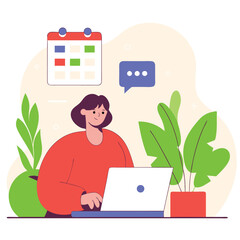 Poster - a young woman of european descent works on her laptop, surrounded by decorative plants and a calenda