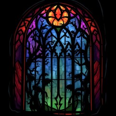 Poster - Colorful stained glass window depicting a forest scene with vibrant colors and intricate details. Generative AI