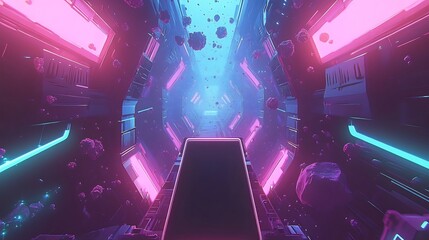 Wall Mural - Cyberpunk Corridor Glows Vivid Pink Blue Neon Lights. AI Generated