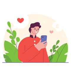 Poster - A young person is looking at their smartphone amidst colorful foliage in this vibrant cartoon illustration. The character appears to be of European descent.