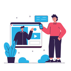 Poster - A cartoon representation of a diverse team in a modern workspace, sharing ideas through digital devices in a vibrant setting.