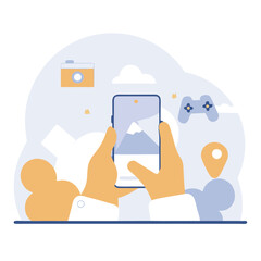 Poster - An illustration of hands holding a smartphone surrounded by various icons, representing technology and connectivity. Conceptual and modern design.