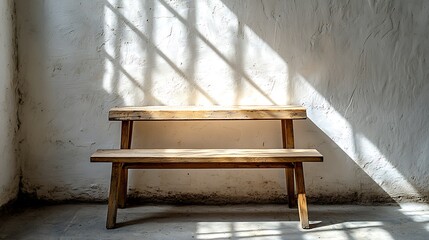 Poster - Rustic wooden bench, sunlit wall, interior, waiting