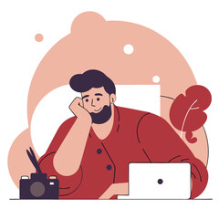 Aufkleber - An illustration of a thoughtful man with light skin and blonde hair, focused on his laptop surrounded by green plants and decorative shapes.