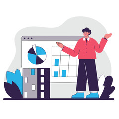 Poster - A diverse group of cartoon characters with European features is presenting business data on a screen with charts and graphs in vibrant colors.