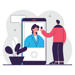 Poster - A digital illustration depicting a person engaging in a virtual consultation on a phone, with indoor plants in the background.