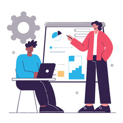 Poster - Two individuals, one with white hair and another with dark hair, are discussing business data in a modern office setting. Asian ethnicity.