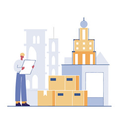 Poster - A conceptual illustration of an urban architect, depicted as an African male, working on a digital tablet amidst abstract city structures.