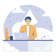Poster - A european individual with light hair is working at a desk, surrounded by artistic elements. The scene displays a creative workspace atmosphere.