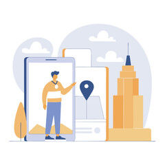 Poster - A dynamic urban exploration scene with a person using a smartphone in a cityscape. The scene features modern skyscrapers, mountains, and trees.