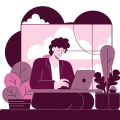 Poster - A person with curly hair works on a laptop amidst lush green plants, showcasing a cozy workspace in a serene atmosphere.
