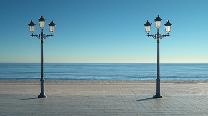 Canvas Print - Seaside promenade lamps, calm ocean, sunny day, travel brochure