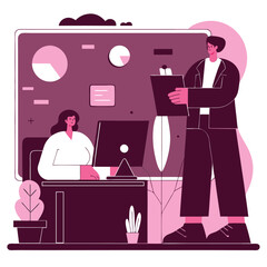 Poster - A depiction of a diverse office setting showing two individuals, one standing and one seated, engaged in a constructive conversation. Various plants and decor are present.