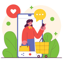 Poster - A cartoon illustration of a person with a light skin tone shopping online. They hold shopping bags while interacting with a smartphone.